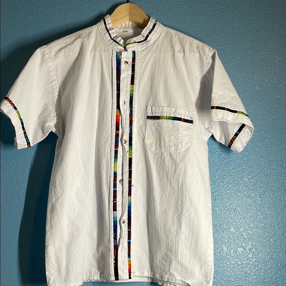 White Short Sleeve Shirt with Multicolor Accents